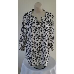 FANTASLOOK Women's Black & White Floral Print V-neck Knit Top/Tunic-Sz 2XL NEW!